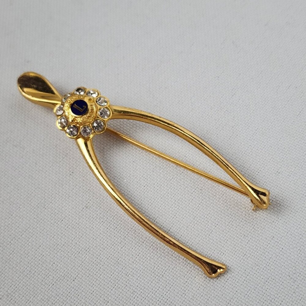 Vintage Lion's Club Rhinestone Wishbone Brooch